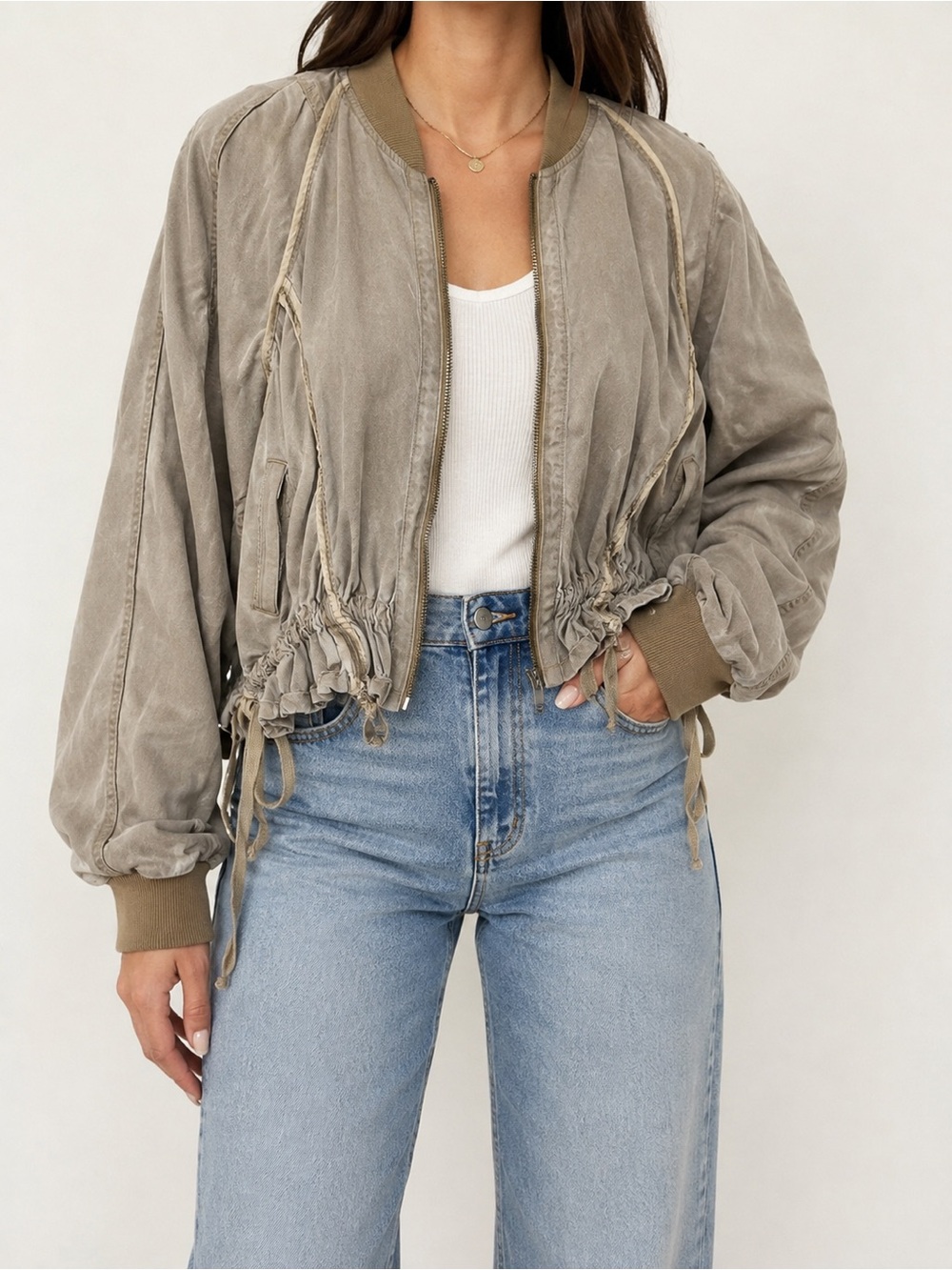 Anthropologie Ruffled Bomber Jacket in Army Green Gray Size Small